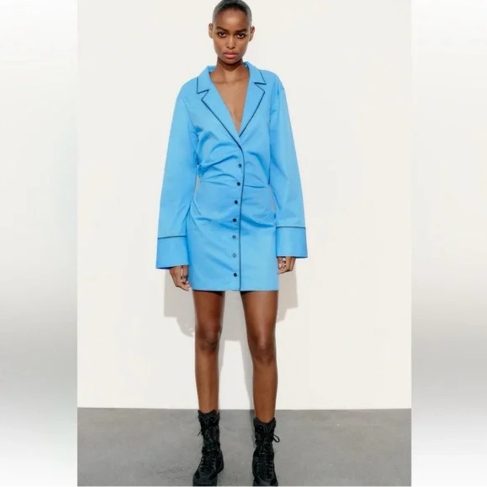 ZARA Short Trench Coat Deep V-Neck Cotton Button-Up Shirt Dress‎ Blue Size Large
